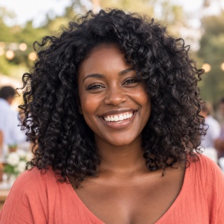Retrato fictício de uma mulher negra com cabelos cacheados e sorriso aberto.