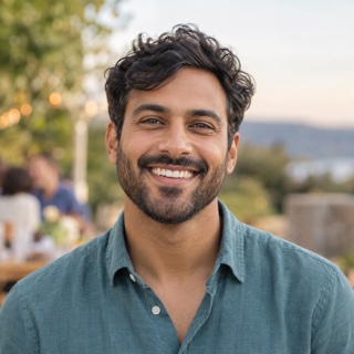 Retrato fictício de um homem de pele morena com barba e sorriso alegre.
