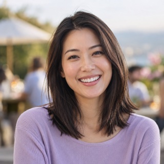 Retrato fictício de uma mulher com traços asiáticos e sorriso radiante.